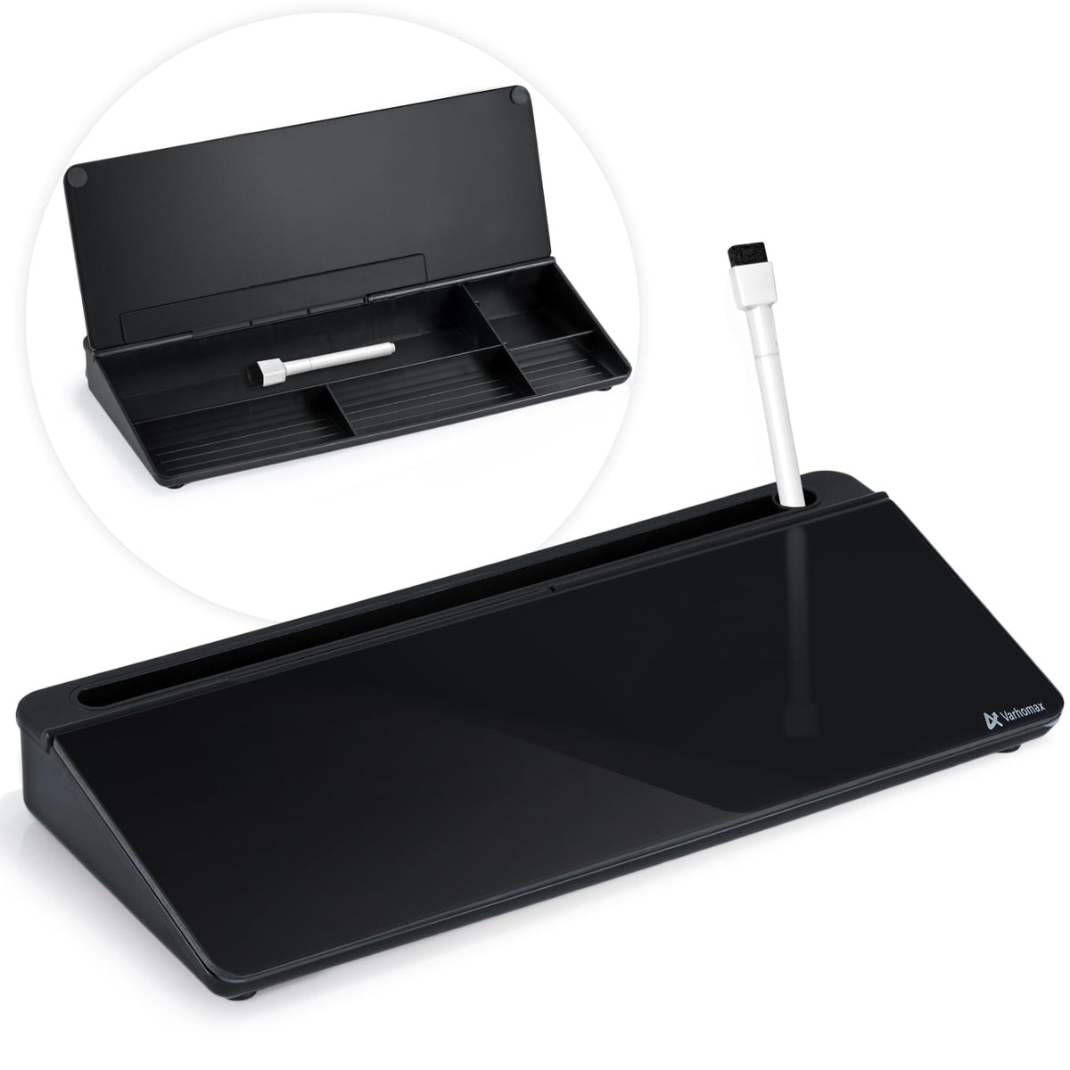 Varhomax Desktop Whiteboard with Storage, Desk Organizer Dry Erase Glass White Board to-do List Memo Notepad for Home Office and School Supplies (Black)