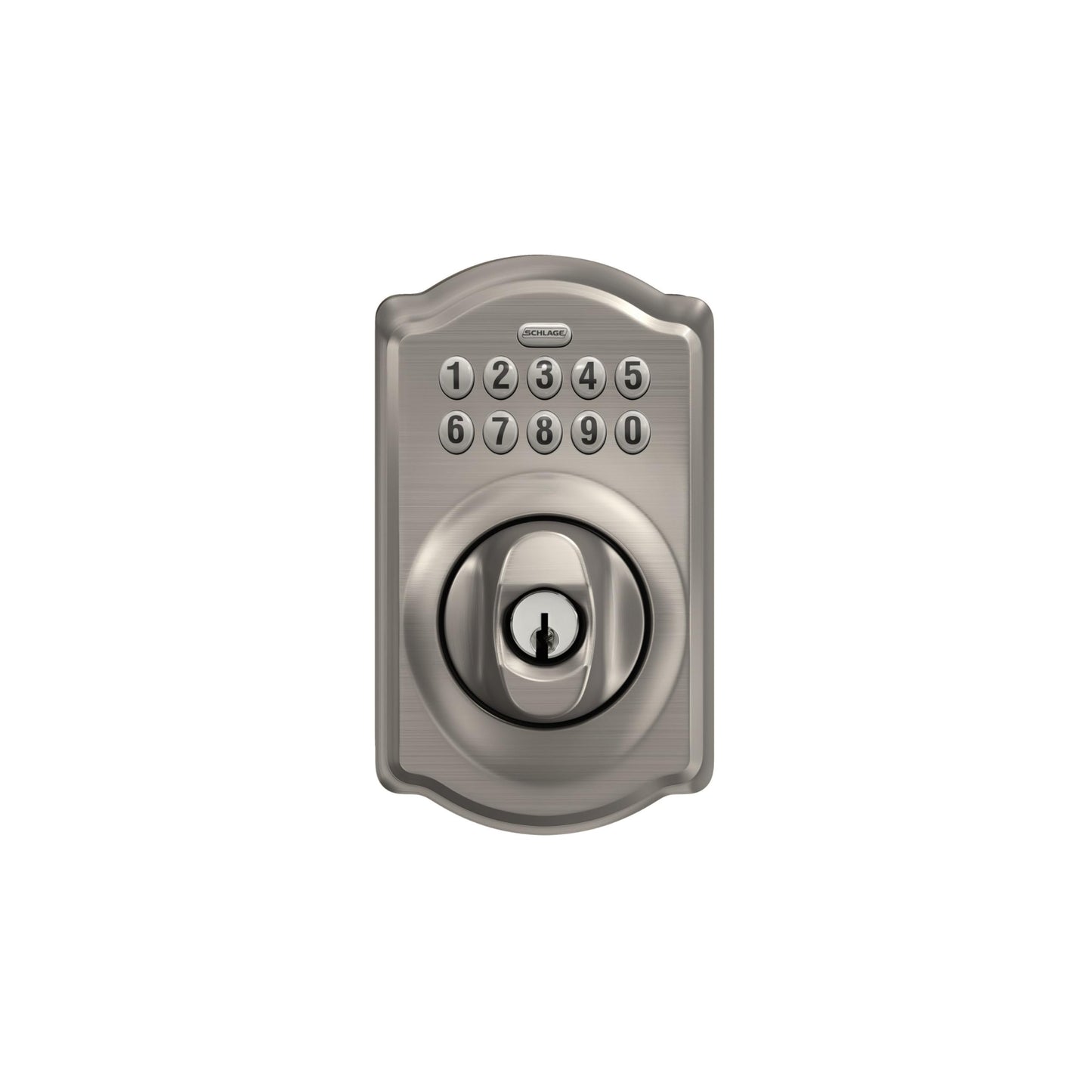 Schlage Camelot Electronic Keypad Deadbolt Lock, Keyless Front Door Entry, Mechanical Key Backup Included, Satin Nickel, BE365 V CAM 619