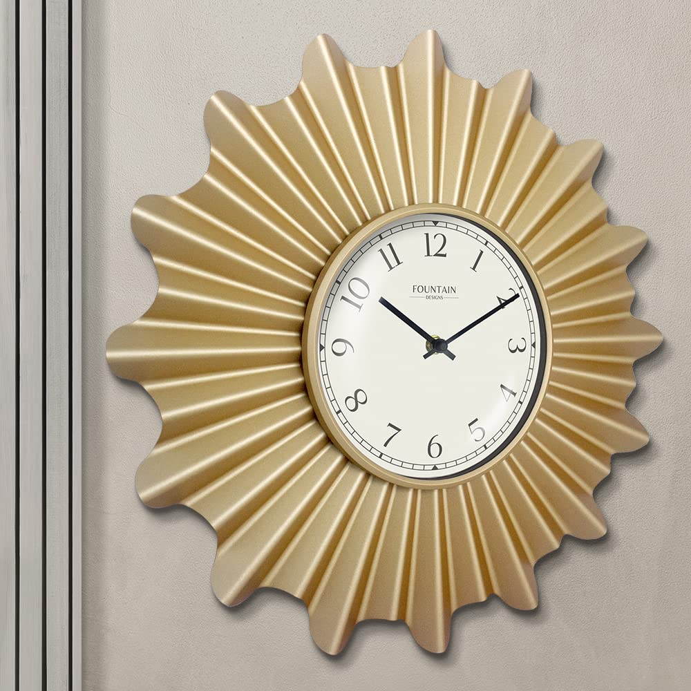 FOUNTAIN DESIGNS 18 Inch Mid Century Modern Starburst Wall Clock, Minimalist Silent Non Ticking Metal Wall Clock for Living Room Decor, (Hamilton Gold, 18")