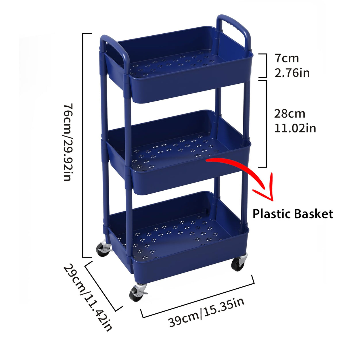 Sywhitta 3-Tier Plastic Rolling Utility Cart with Handle, Multi-Functional Storage Trolley for Office, Living Room, Kitchen, Movable Storage Organizer with Wheels, Blue