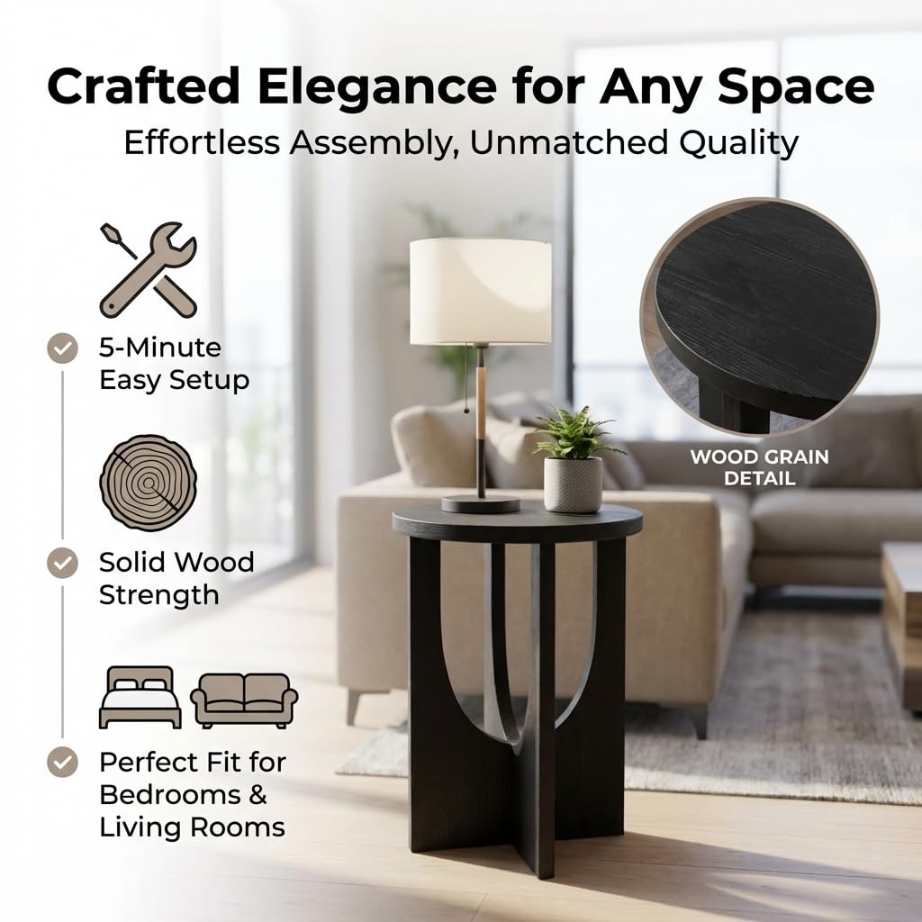 Stupa Solid Wood End Table – 22" Tall Round Side Table for Living Room or Bedroom, Handcrafted Accent Table in Distressed Black Finish, Easy Assembly, Modern Minimalist Design for Small Spaces