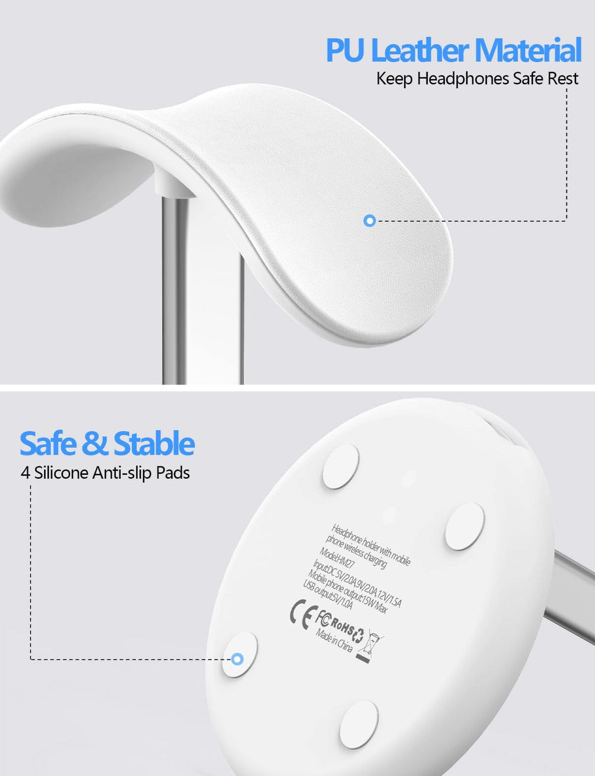 Miroddi Headphone Stand with Wireless Charger, Independent USB Charging Port, 5 in 1 Charging Station Headset Holder Rack for AirPods Max/Pro/4/3/2, iWatch, iPhone, Samsung and Desk Headphones, White