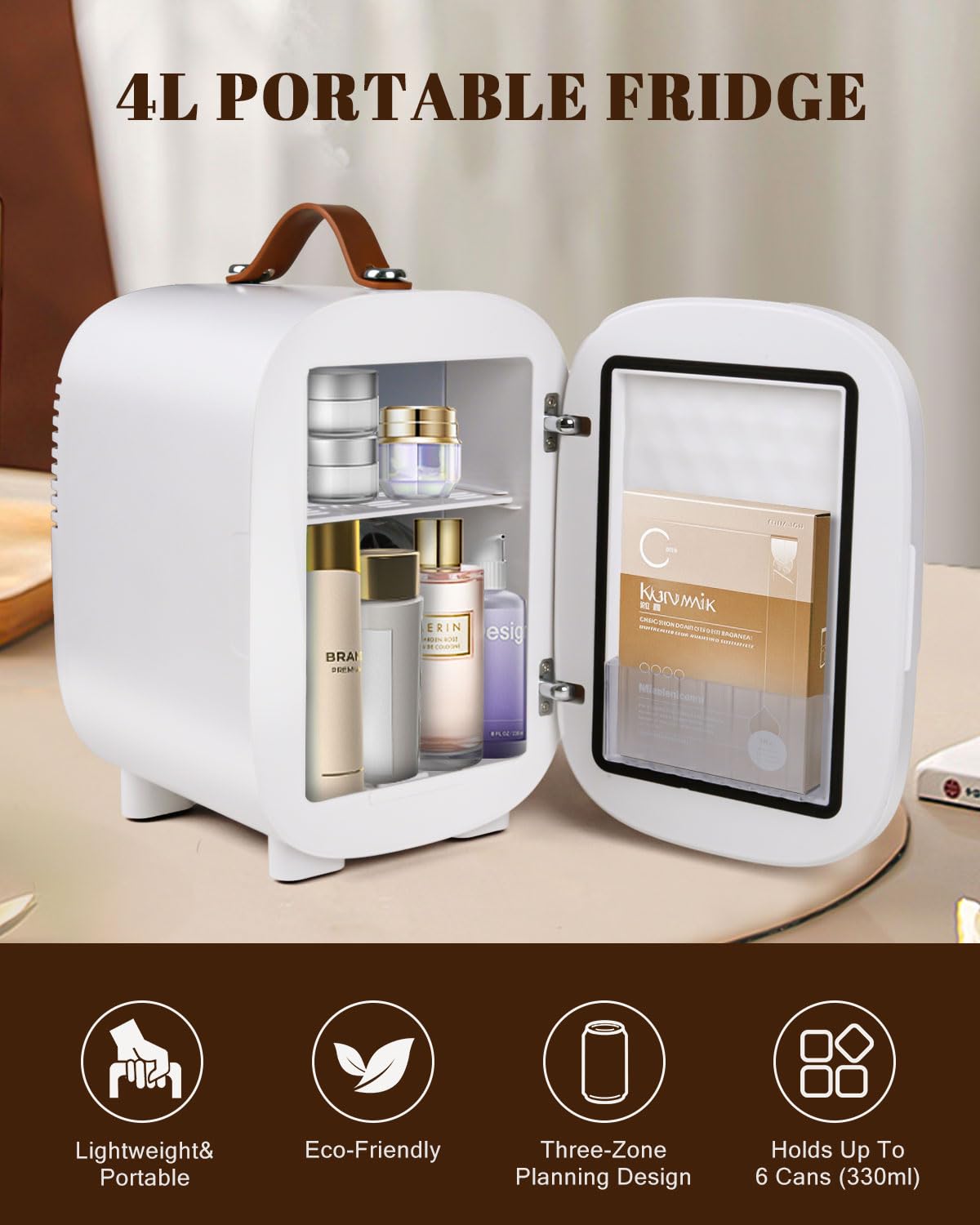 FANSEXPERT Mini Fridge for Bedroom, 4 Liter/6 Cans Skin Care Fridge Small Refrigerator, AC/DC Portable Mini Cooler & Warmer, Small Cosmetic Fridge for Camping, Dorm, Office, Car (White)