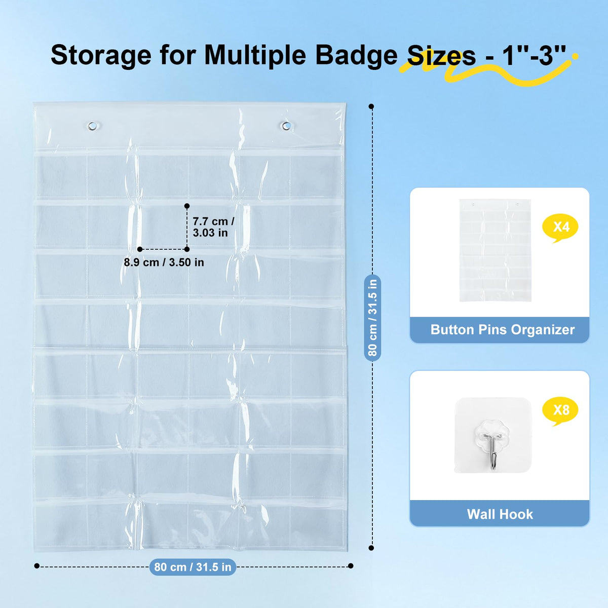 4 Pack Hanging Sticker Display Organizer Button Display Storage, Wall Door Pin Display Holder, Trading Pin Banner for Badges, Patches, Collection, Anime Convention Accessories, Holds to 192 Pins
