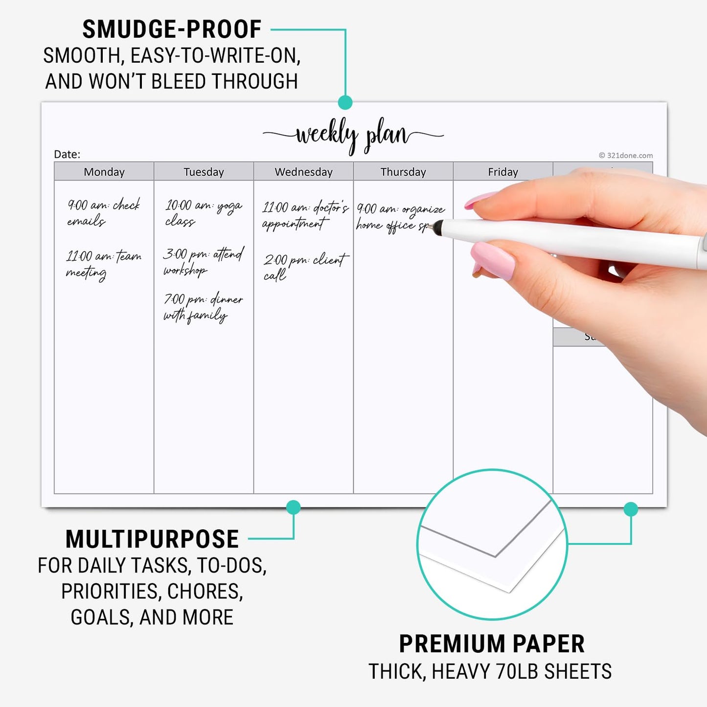 321Done Weekly Planning Notepad Landscape - 50 Sheets (8.5" x 5.5") - Horizontal Weekly Days of Week Paper Note Pad, Planner Organizing - Made in USA - Simple Script