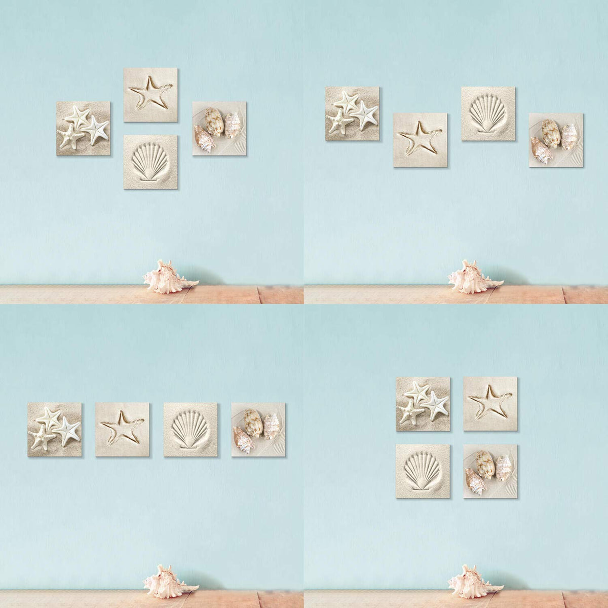 Hardy Gallery Coastal Serene Canvas Wall Art: Shells on Beach Sand Giclee Print Painting for Wall Decor for SPA Room (12''x12''x4pcs)