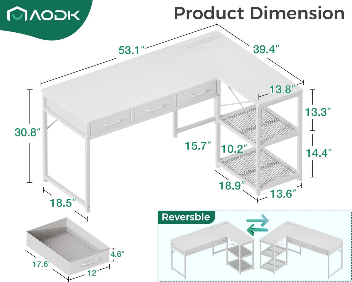 AODK 53 Inch L Shaped Computer Desk with Drawers, Corner Desk with Power Outlets & Reversible Storage Shelves, for Home Office Gaming, White