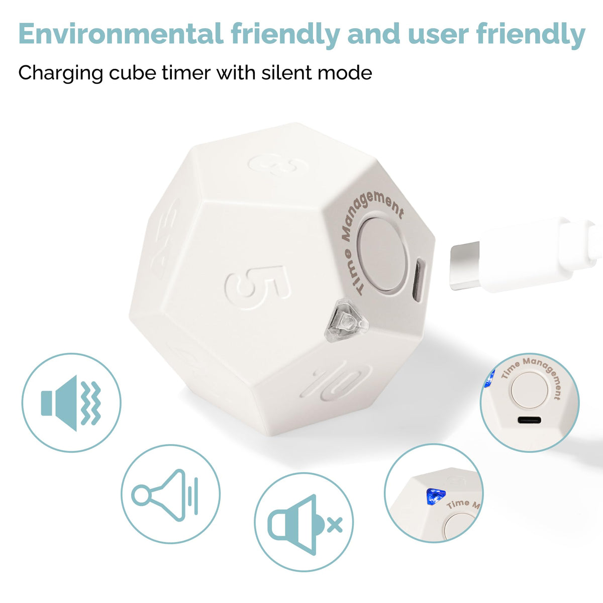 KADAMS Pomodoro Cube Timer Productivity-11 Preset Countdowns, Flip-to-Start Gravity Activation - Sound Vibrate Mute Rechargeable - Ideal for ADHD Kid Kitchen Classroom Cook Study Exercise - White