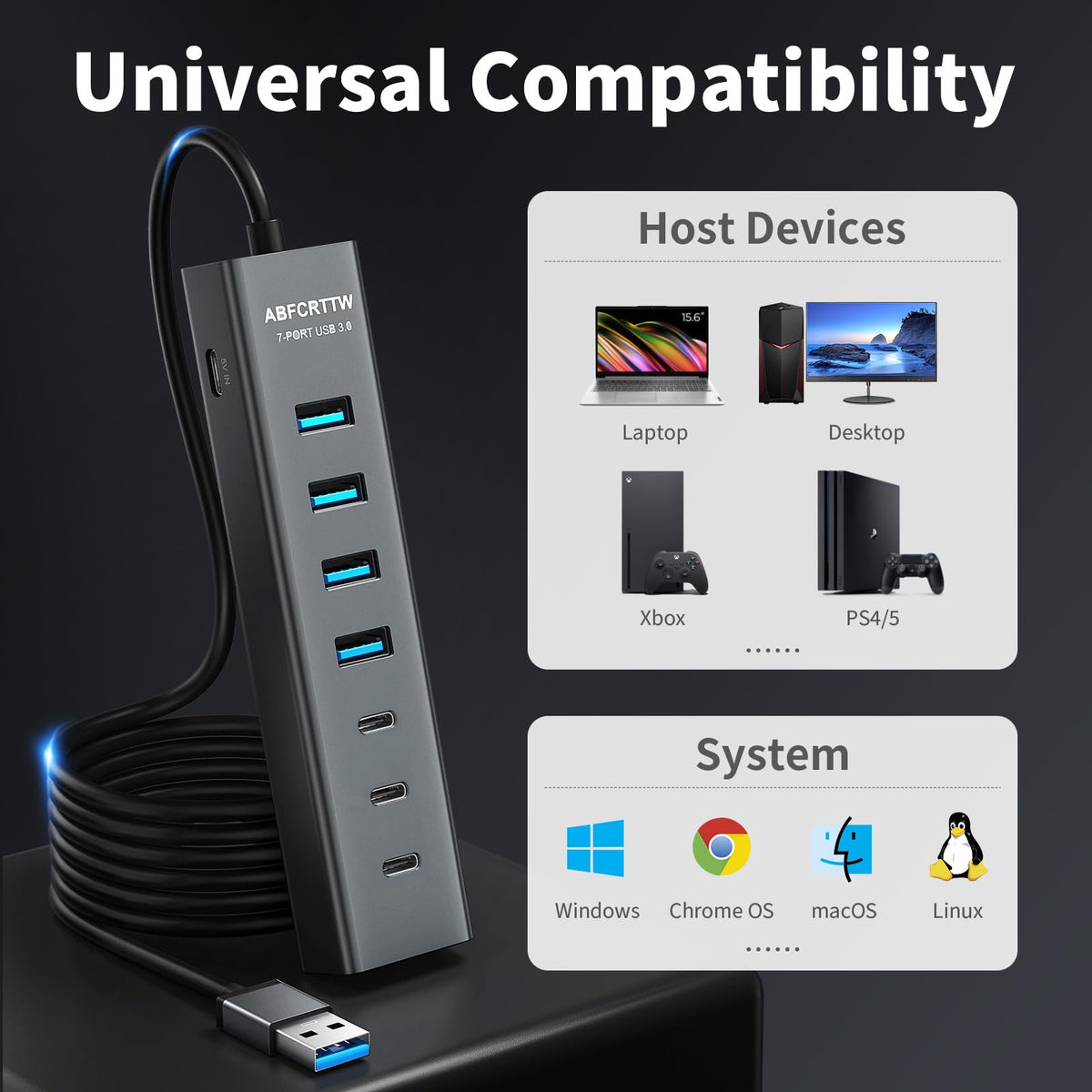 4Ft 7-Port USB Hub 3.0 for Desktop, 4 USB-A & 3 USB-C Ports Aluminium 5Gbps USB Extender Hub, USB Splitter, USB Hub Long Cable for Desktop, PC, Flash Drive, Mobile HDD SSD, Windows/XPS