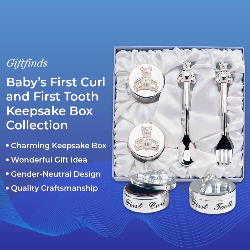 Baby’s First Curl and First Tooth Keepsake Box Collection | Adorable Teddy Bear Designs | Charming Gift | Satin-Lined White Gift Box | 6” Square