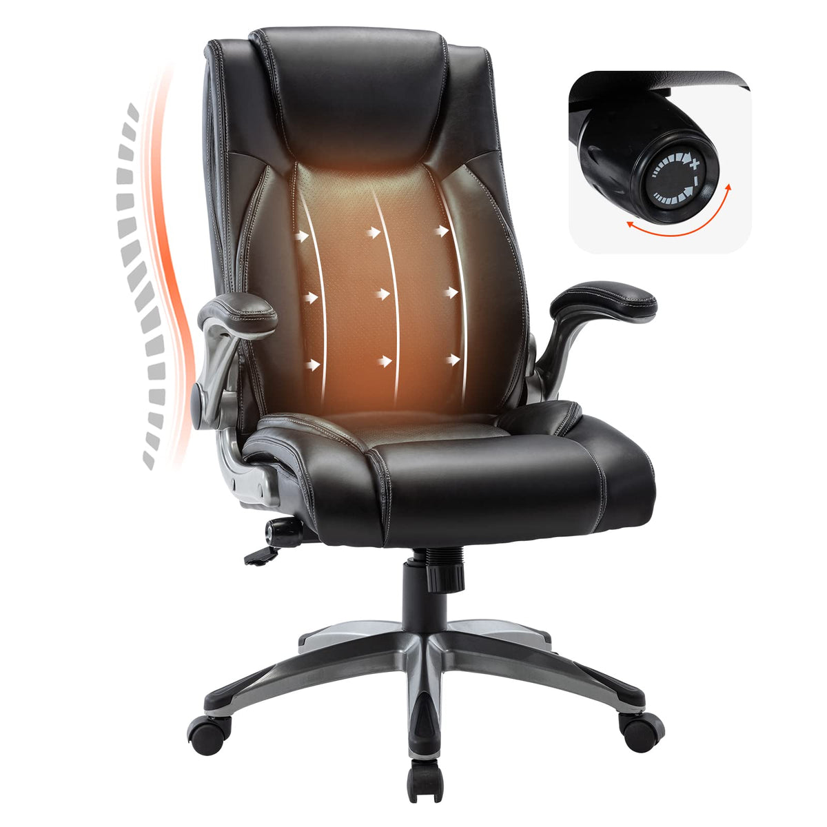 MALOL Executive Office Ergonomic Chair with Thick Bonded Leather, Flip-up Armrests, High Back Adjustable Height and Tilt for Working, Study, Gaming