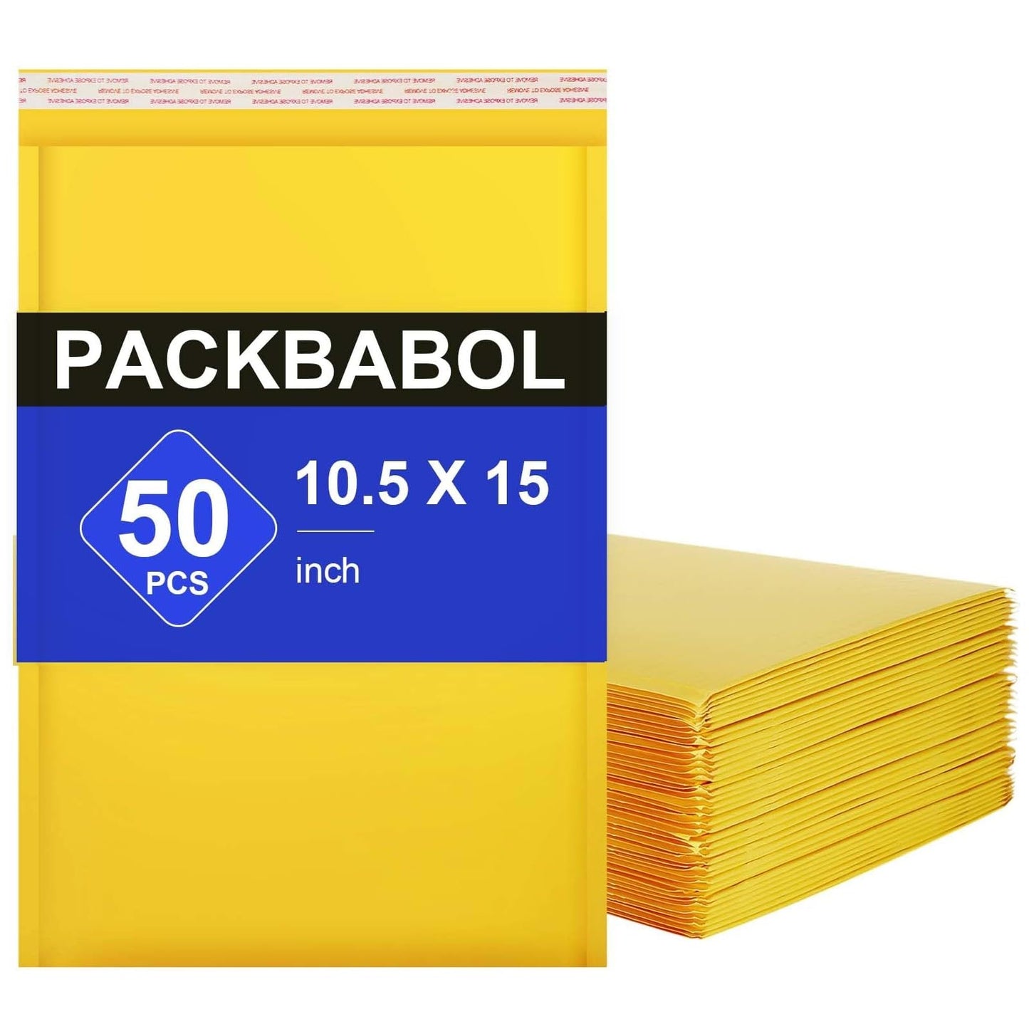 packbabol Kraft bubble mailers 10.5x15 Inch 50 Pack,Self-Sealing Paper Envelopes for Packaging,Strong Adhesion Envelope Mailers, Waterproof Cushioned Padded Shipping Bags Yellow #5