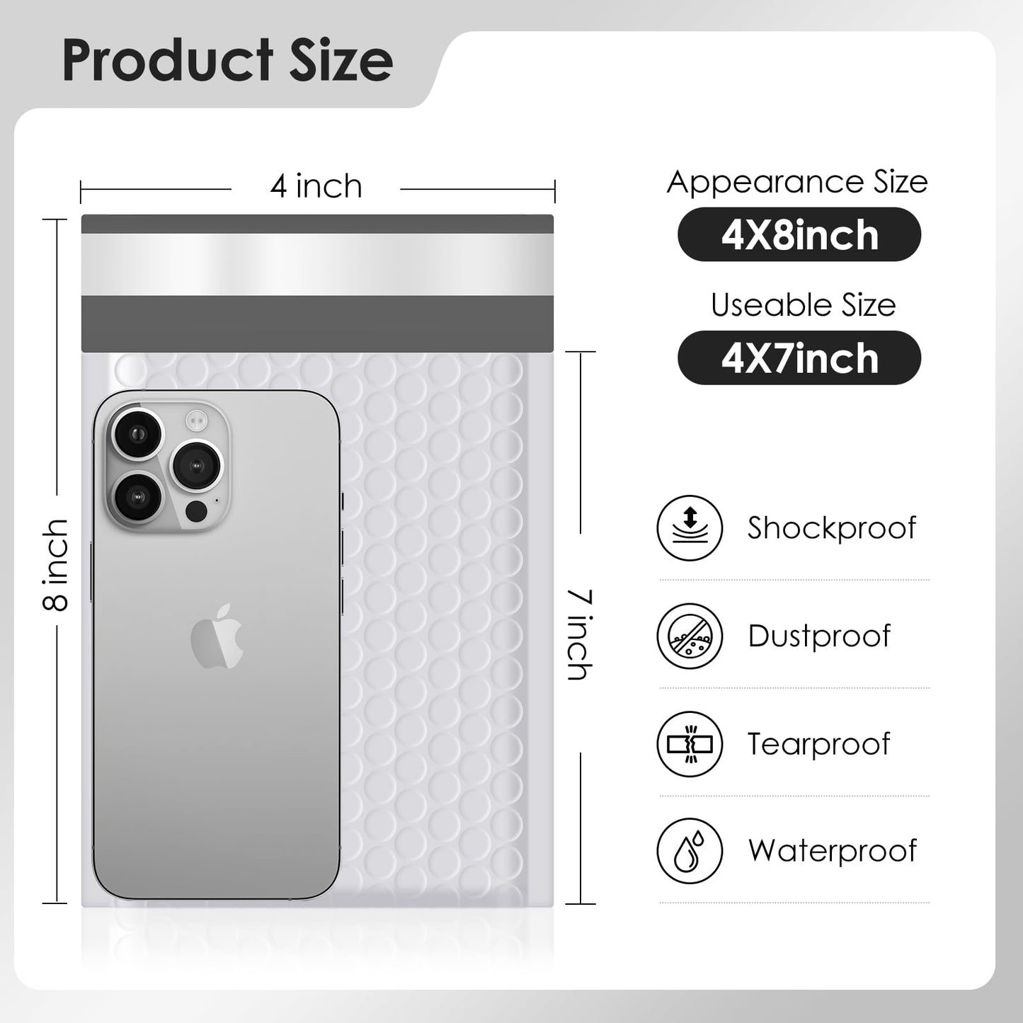 packbabol Bubble Mailers 4x8" 100 Pack Grey and White Padded Envelopes Mailers Waterproof Usable Size 4x7 Self-Seal Padded Mailing Envelopes Bubble Opaque Padded Mailer for Small Businesses，#000
