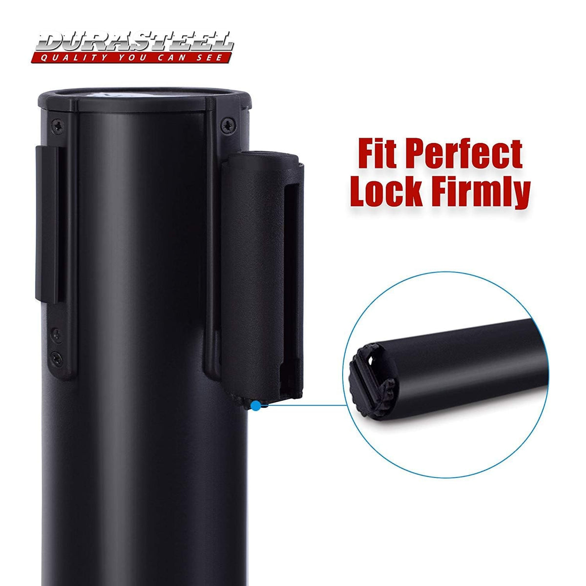 DuraSteel Black Crowd Control Barriers Stanchions with Retractable Belts - Metal Stanchion Posts w/ 6.5ft Black Retractable Barrier Belt Ropes - Queue VIP Safety Line Dividers - Set of 6 Stantions
