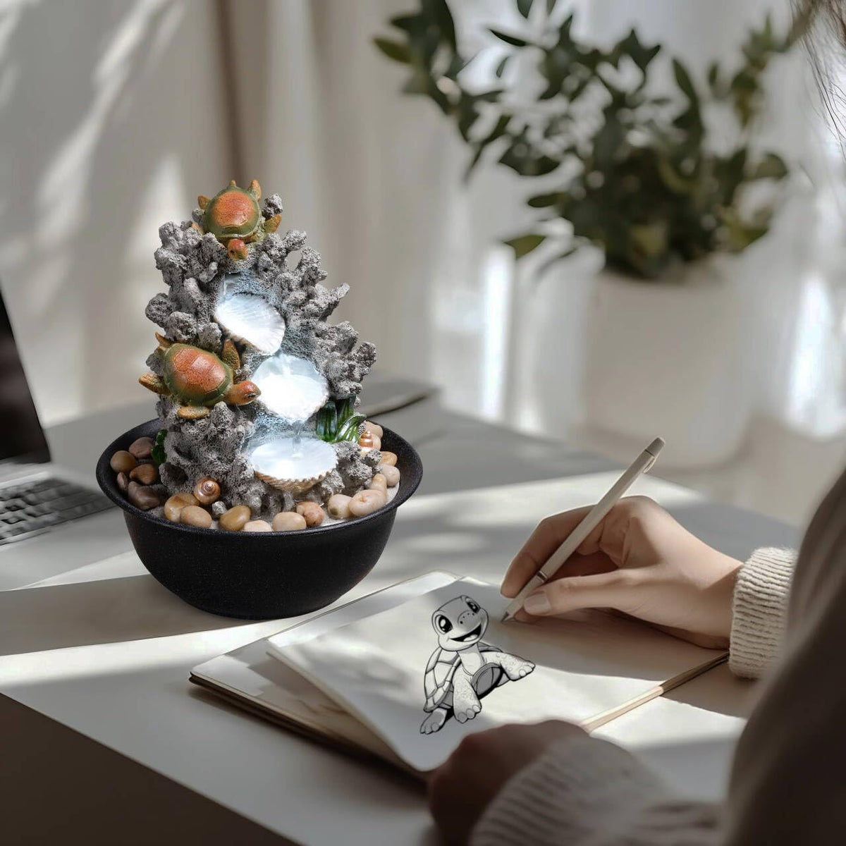 Indoor Tabletop Turtle Water Fountain with LED Light – Coastal Sea Life Desk Waterfall Feature with Soothing Sounds and River Rocks, Ocean Zen Decor for Home Office