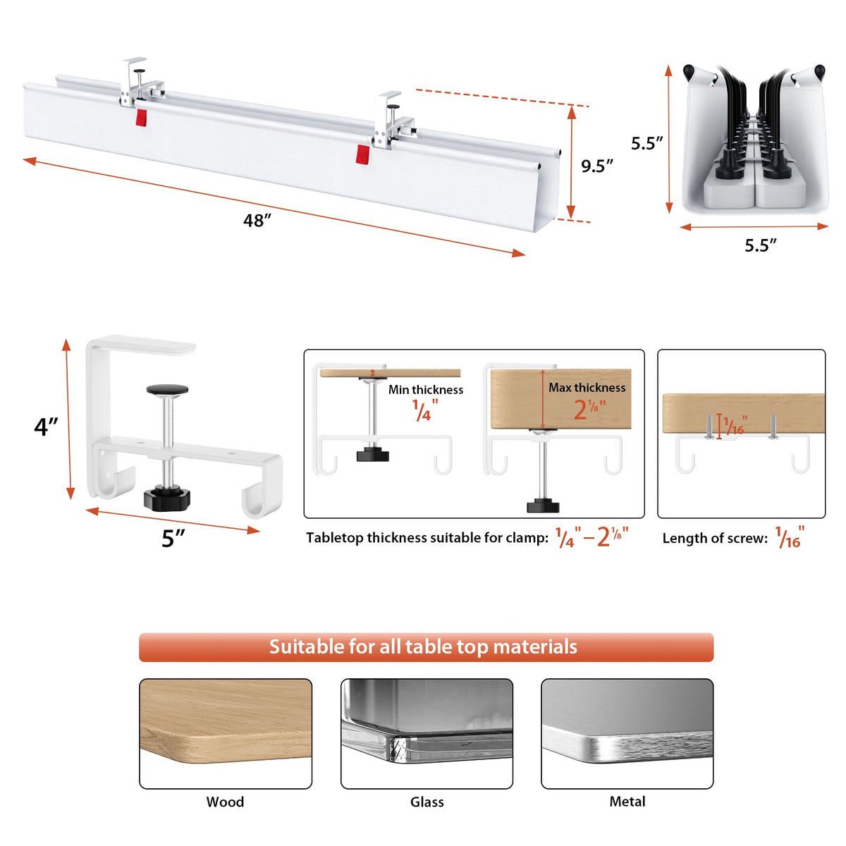 Univivi No Drill Under Desk Cable Management Tray, 48" Cord Organizer for Table, Clamp/Screw Mount Desk Cable Management, Premium Fabric Cable Management Tray for Office, Home (Extra Large)