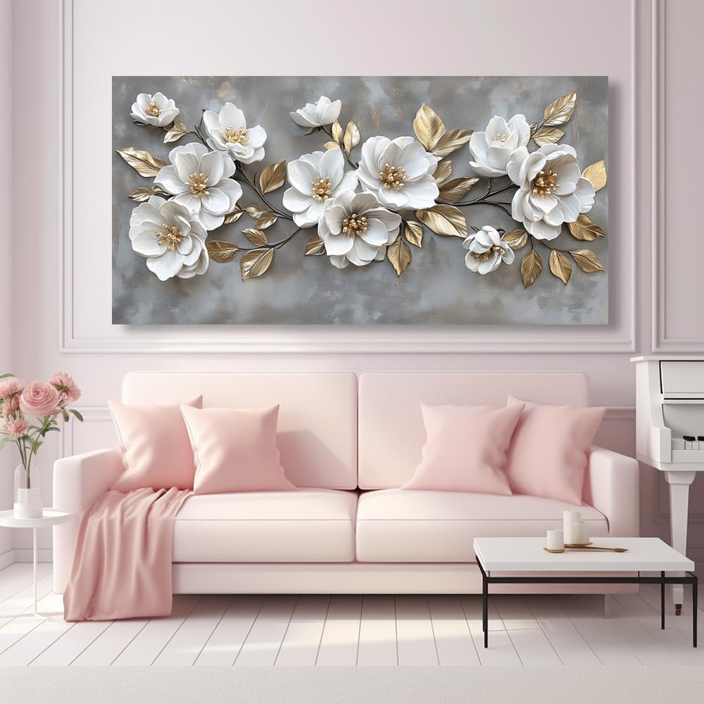 LAVIKARS Modern Gray Flowers Wall Art for Living Room Office White and Golden Floral Landscape Canvas Painting Prints Large Delicate Petals Artwork Kitchen Home Bedroom Decor (16x30 Inches)