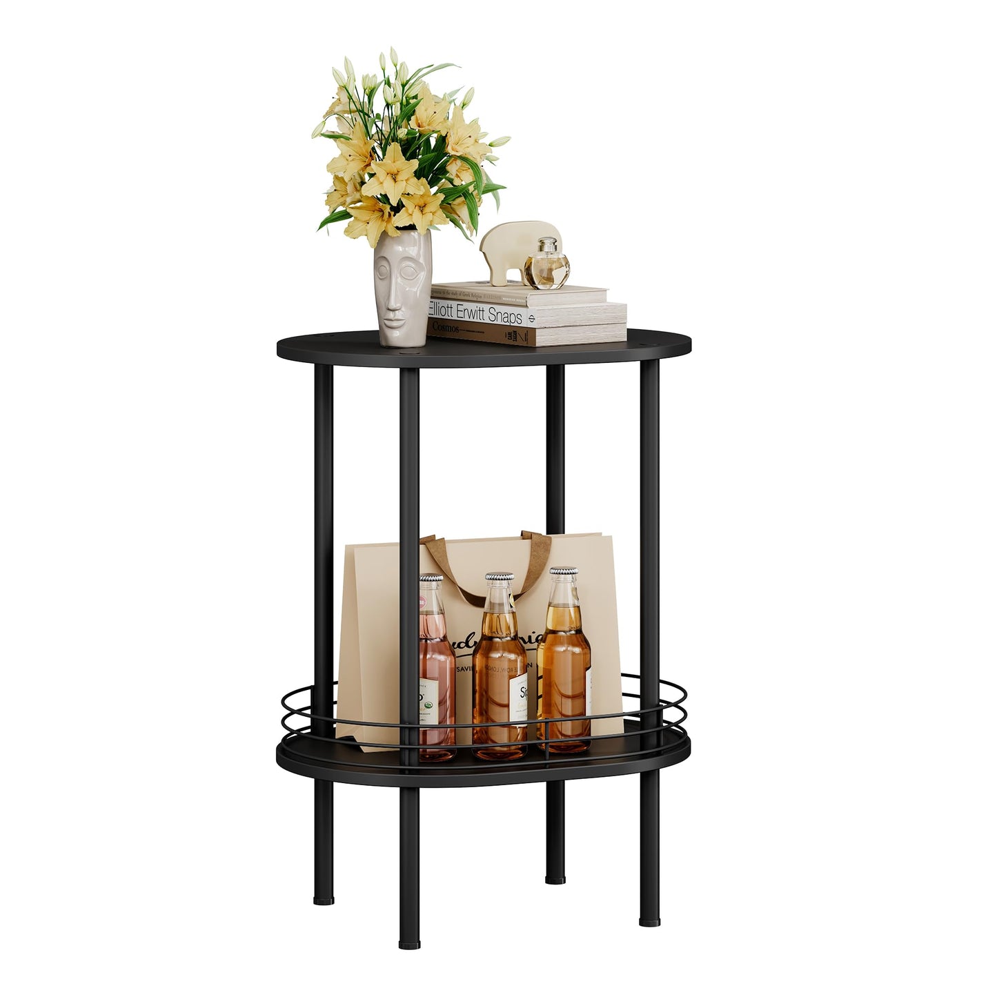Small Modern Oval Side Table with Storage,2-Tier Side Tables Living Room,Sturdy Nightstand for Small Space - Living Room, Bedroom, Bathroom, Nursery,（1 PC,Black）