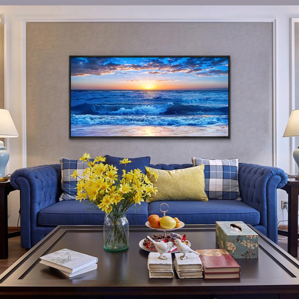 Wapluam Canvas Wall Art - Large Blue Ocean Beach Wall Painting for Living Room, Bedroom, Office - Framed