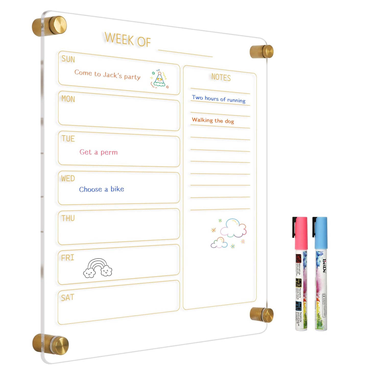 AMUSIGHT Small Acrylic Calendar for Wall, 12" X 14" Golden Clear Acrylic Wall Calendar, Clear Wet & Dry Erase Board Hanging Frameless Weekly Planner for Office, Home or School, 2 Markers