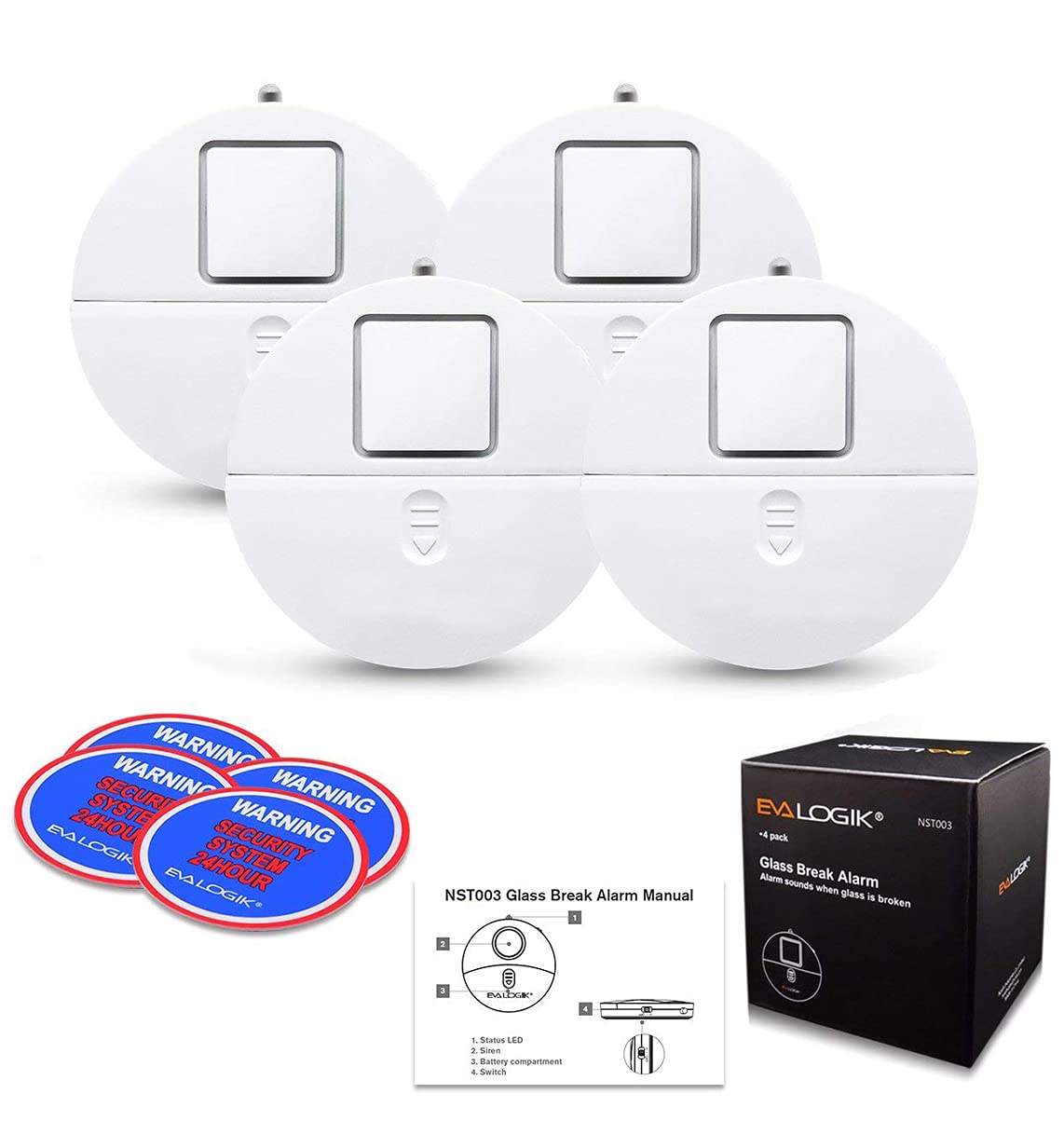Window Alarm System 4-Pack - Ultra-Loud 120dB Alarms with Advanced Vibration Sensors - Window Security Alarms for Glass Break Detection - Features Low Battery LED Indicator