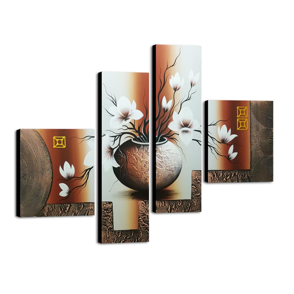 Wieco Art -Stretched and Framed 100% Hand-painted Modern Canvas Wall Art Stretched and Framed Elegant Flowers for Home Decoration Floral Oil Paintings on Canvas 4pcs/set