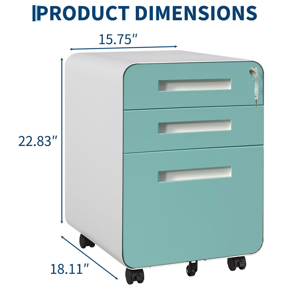 Garvee 3 Drawer File Cabinet with Lock, Under Desk Metal Mobile Filing Cabinet for Home Office, 5 Wheels Anti-Tipping Rolling File Cabinets for A4/Letter/Legal Size, Fully Assembled, Blue