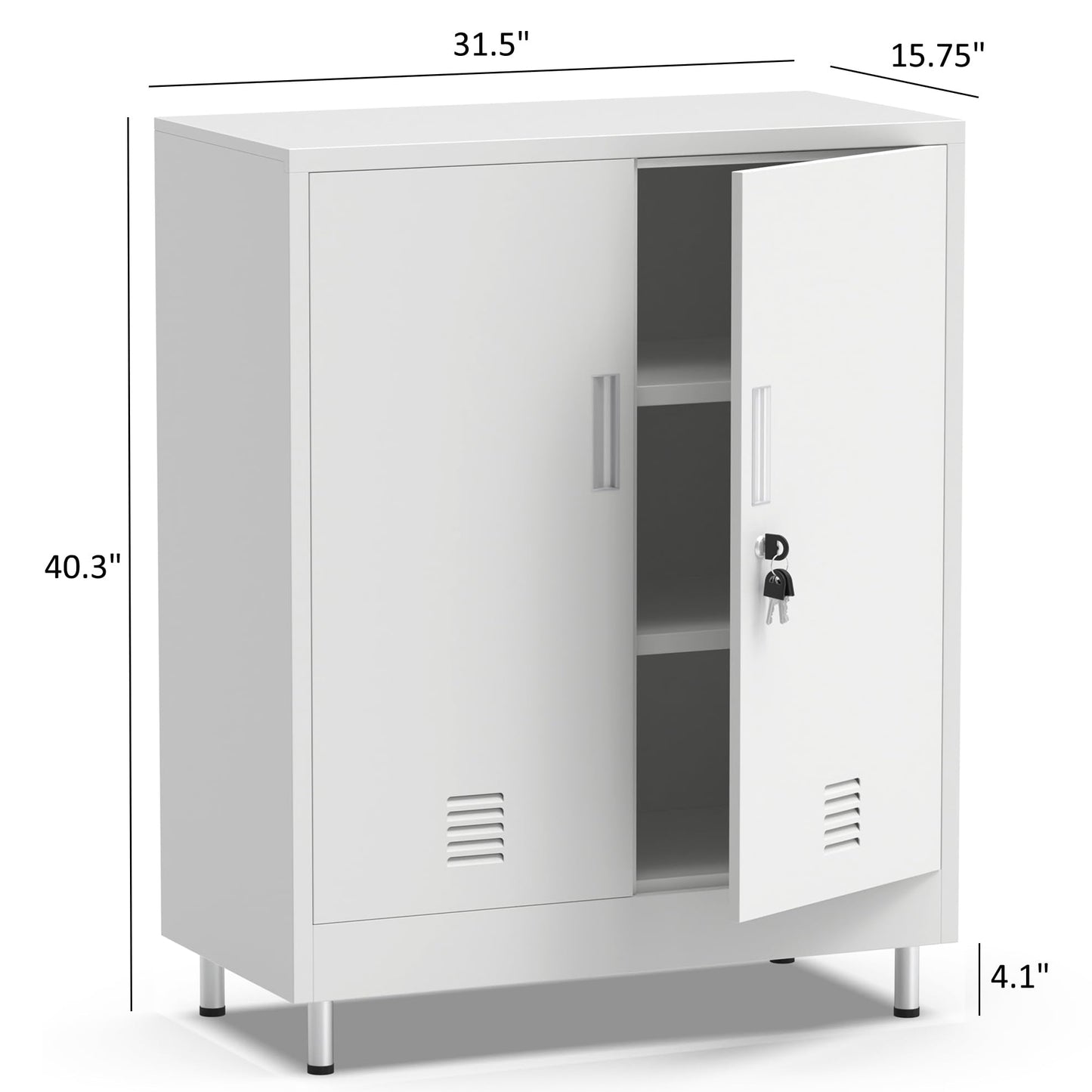 JINGUR Metal Storage Cabinet with Locking Doors and 2 Adjustable Shelves, Lockable Storage Cabinet for Home Office Garage Pantry Living Room (White)