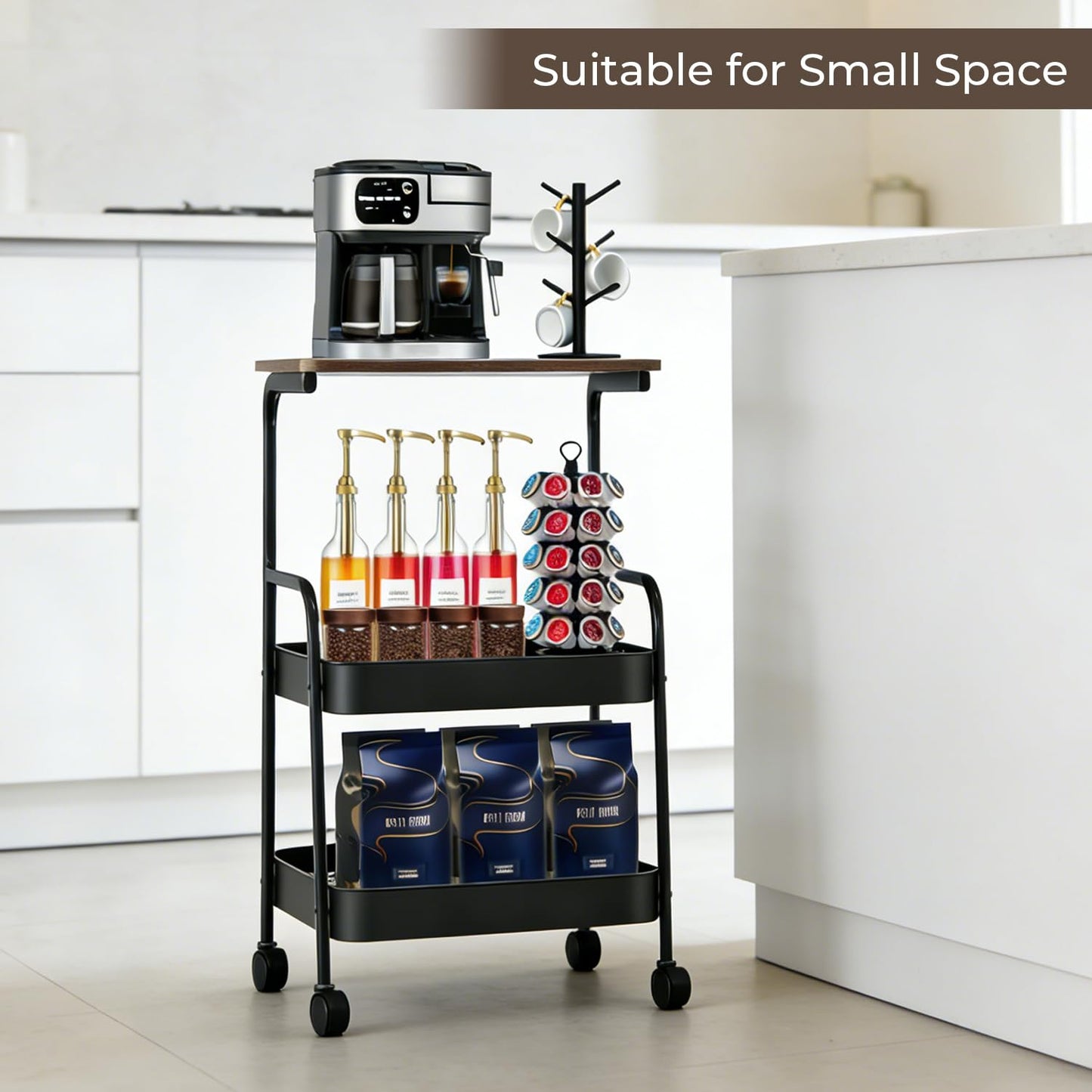 Y YOMA 3 Tier Rolling Utility Cart with Table Top, Metal Storage Organizer with Wheels for Small Space, Office, Kitchen, Bathroom, Dorm, Coffee Station - Black