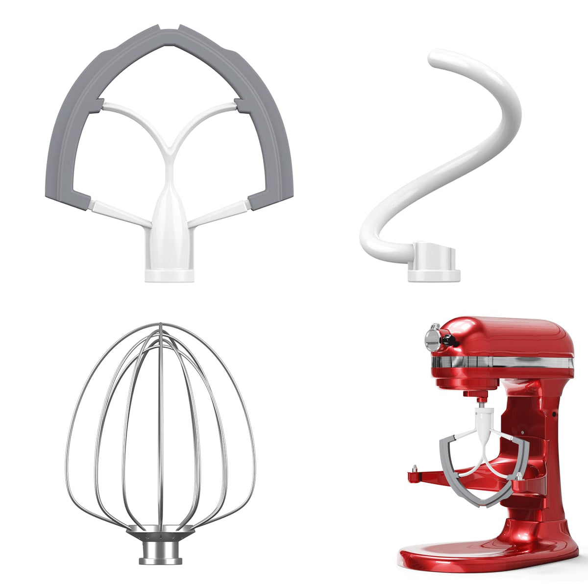 Flex Edge Beater 3Pcs for KitchenAid Mixer Attachments and Accessories Compatible with 6 Quart Lifting Stand Mixers (KN256 6-Wire Whip, 6QT Flat Beater Paddle, 6QT Dough Hook Attachment)