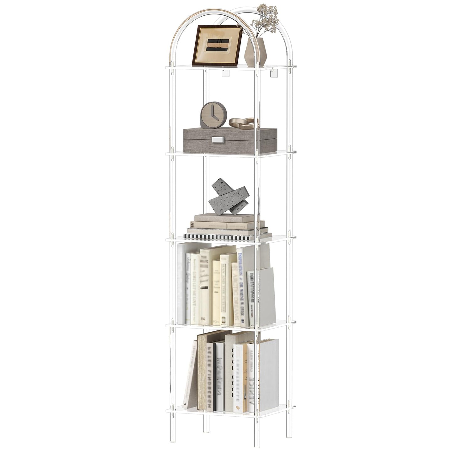CRTERICX 5-Tier Acrylic Arched Bookcase, Clear Narrow Bookshelf for Small Space, 13.8''W x 11.8''D x 57.1''H, Open Display Book Shelves for Home Office, Living Room, Bedroom, Modern
