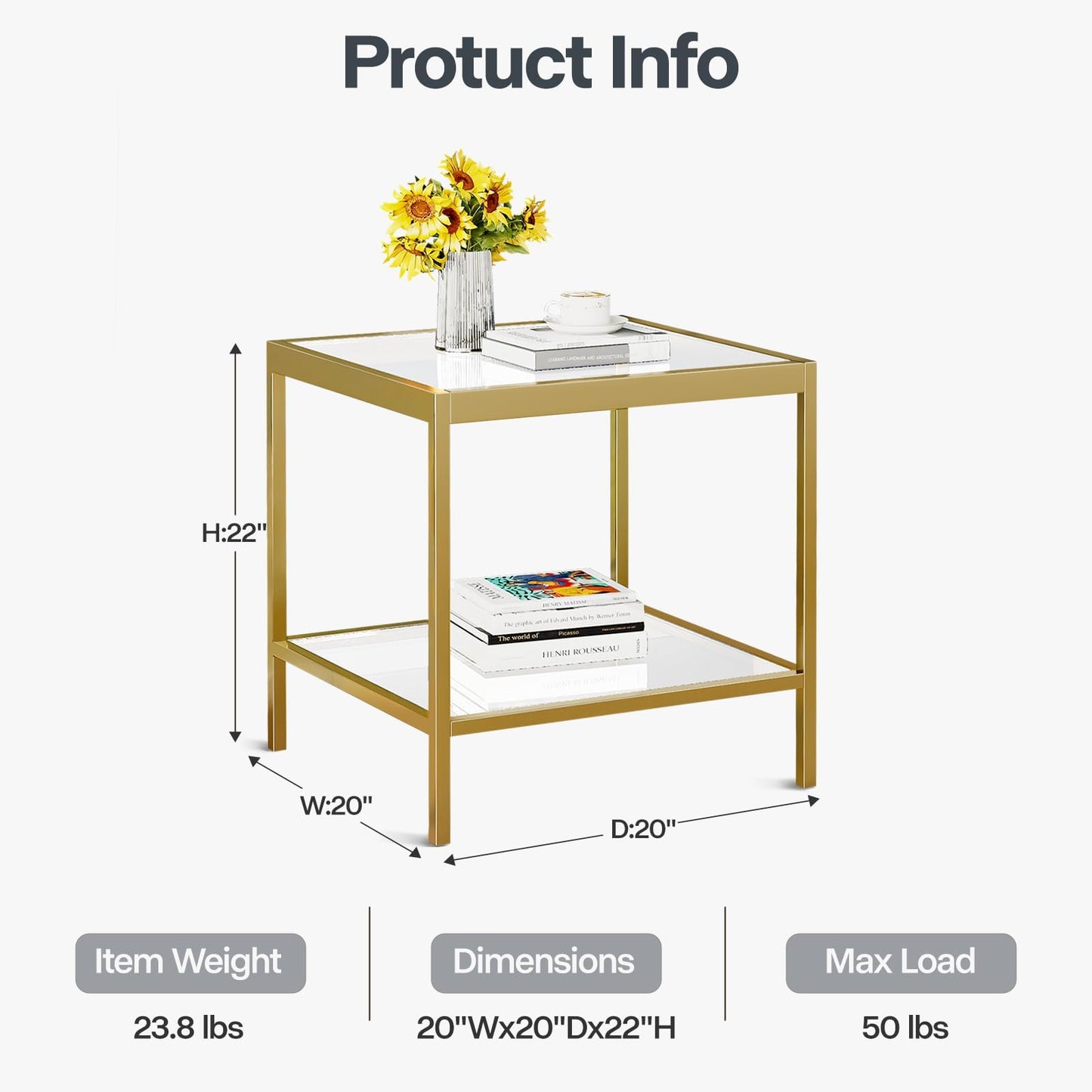 2 Tier Square End Table Side Table with Tempered Glass Top and Gold Metal Frame Modern Night Stand for Small Spaces Side Table with Storage for Living Room Bedroom