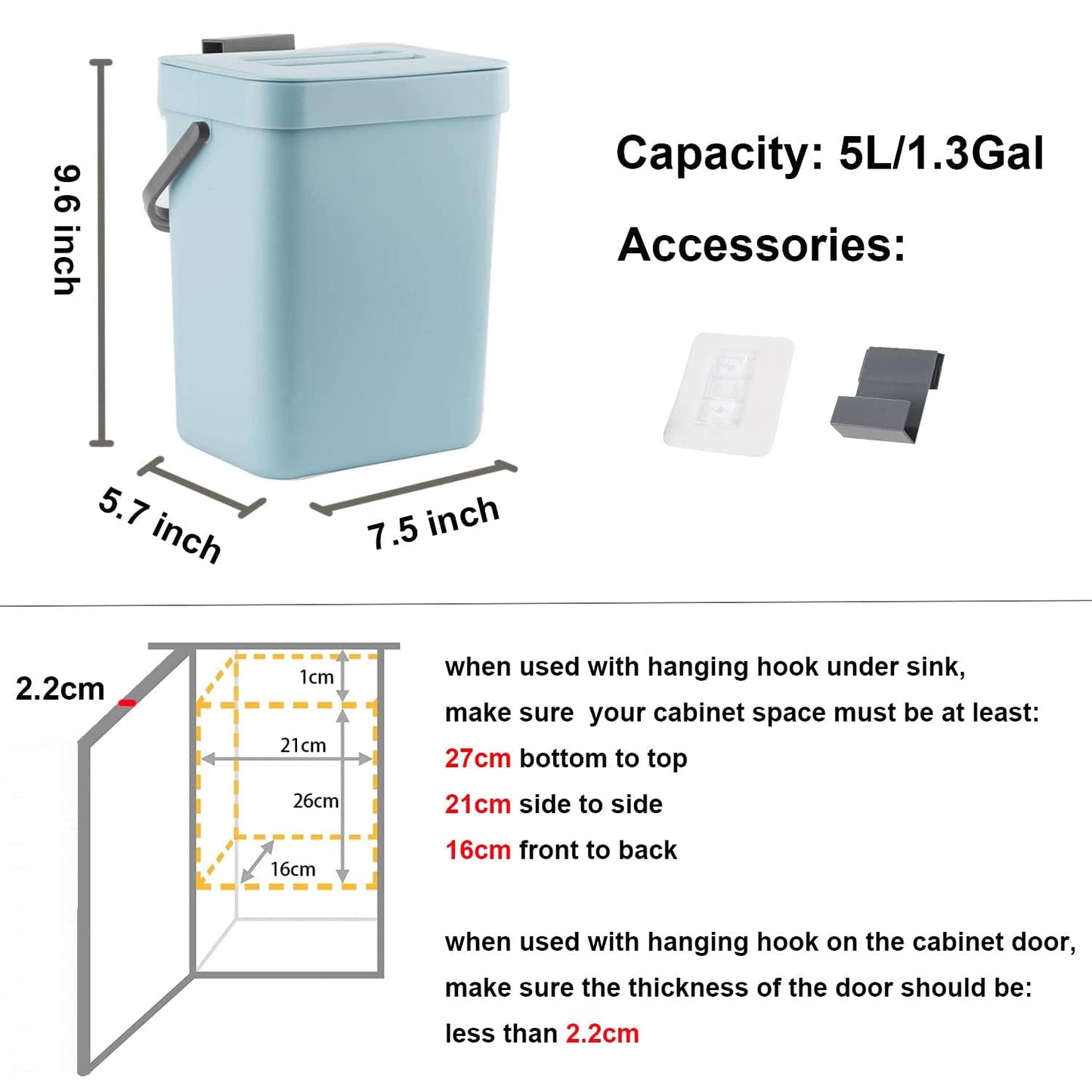 LALASTAR Small Trash Can with Lid, Compost Bin Indoor Kitchen Sealed Under Sink for Kitchen, Food Waste Bin for Countertop, Mountable Garbage Can for Bathroom, RV, 5L/1.3 Gal, Blue