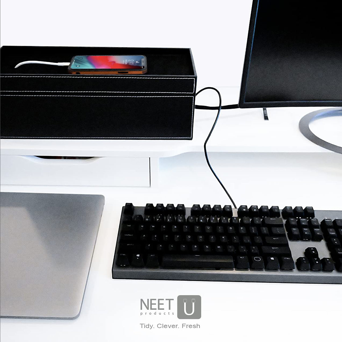 NEET Cable Management Box Large, Computer Cord Organizer, Hide and Conceal, Power Cable Organizer, Computers and Desks, Black Stitched Leather