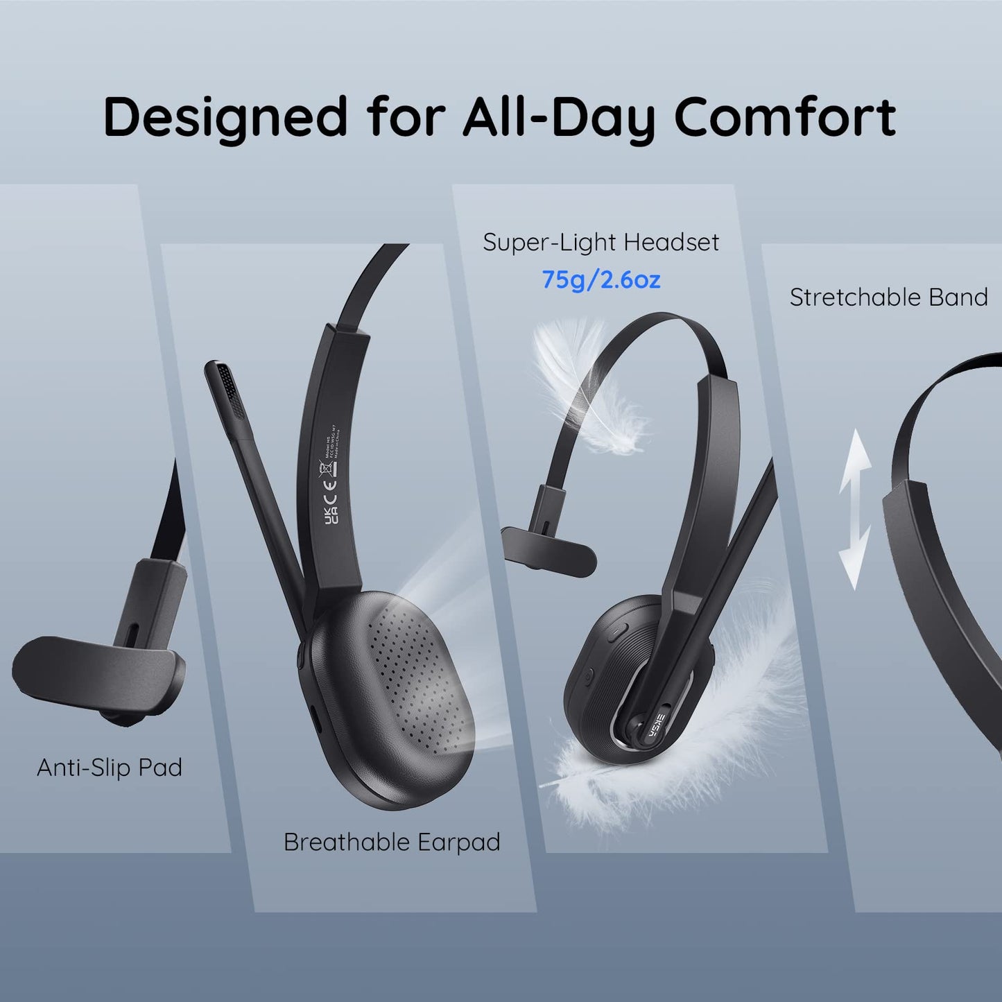 EKSA Bluetooth Headset, Wireless Headphones with AI-Powered Environmental Noise Cancelling Microphone (ENC) & Fast Charging Stand, Lightweight, 45Hrs On-Ear Headphone with USB Dongle for PC (Black)