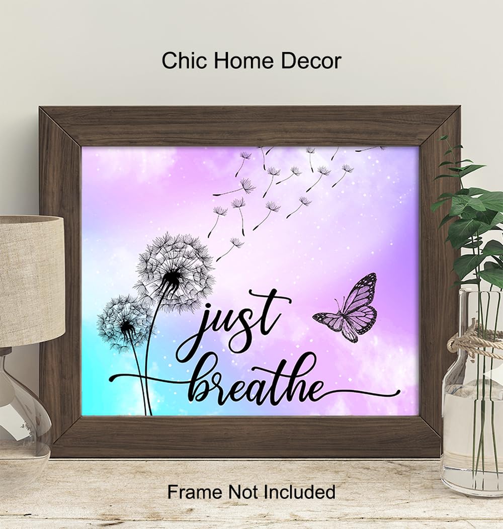 Just Breathe Wall Art - positive Quotes Purple Office Wall Decor for Women - Farmhouse Bedroom Inspirational Wall Decor - Motivational Shabby Chic Art - Zen Spa Wall Art, Butterfly Print