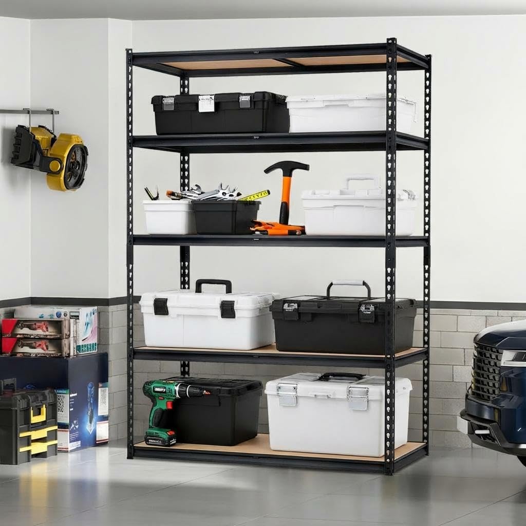 Heavy Duty 5-Tier Garage Storage Rack – Adjustable Metal Shelving Unit, 2500 lbs Capacity, 48"W x 24"D x 72"H, Boltless Steel Frame, MDF Boards – For Basement, Pantry, Laundry, Warehouse