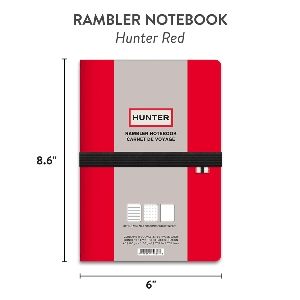 Hunter - Rambler Refillable Notebook, 8.6” X 6” Book with 3 A5 Booklets, 80 Pages Each of Lined Paper, Dot Grid, & Blank Pages for Drawing or Journaling, Elastic Band & Inside Pocket, Hunter Red