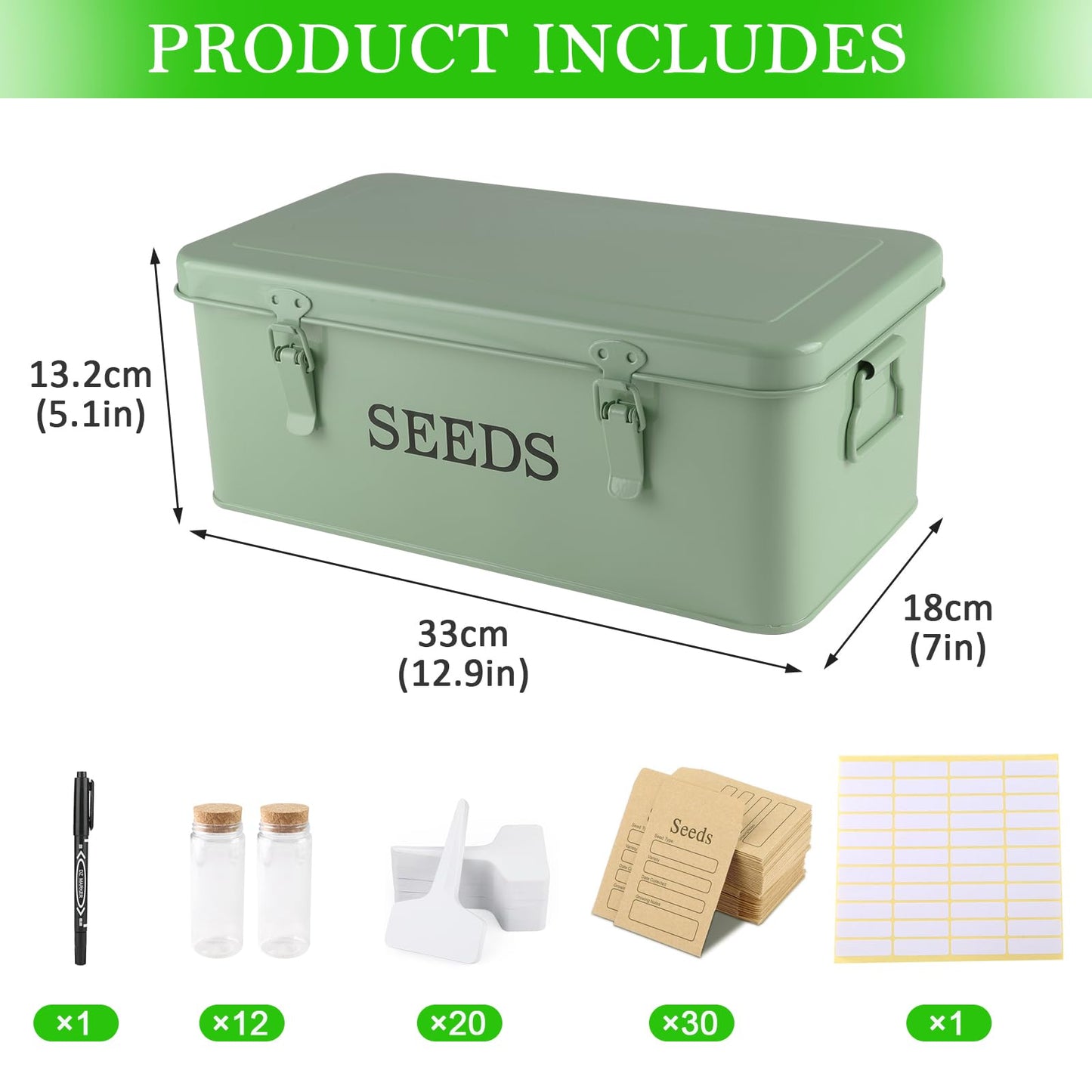 Seed Storage Organizer, 4 Compartment Metal Seed Saving Box with Lid and Safety Locks,Seeds Packet Container with 1 Pen, 12 Slots, 20 Plant Labels, 30 Seeds Envelopes,Perfect for Flower Plants Garden