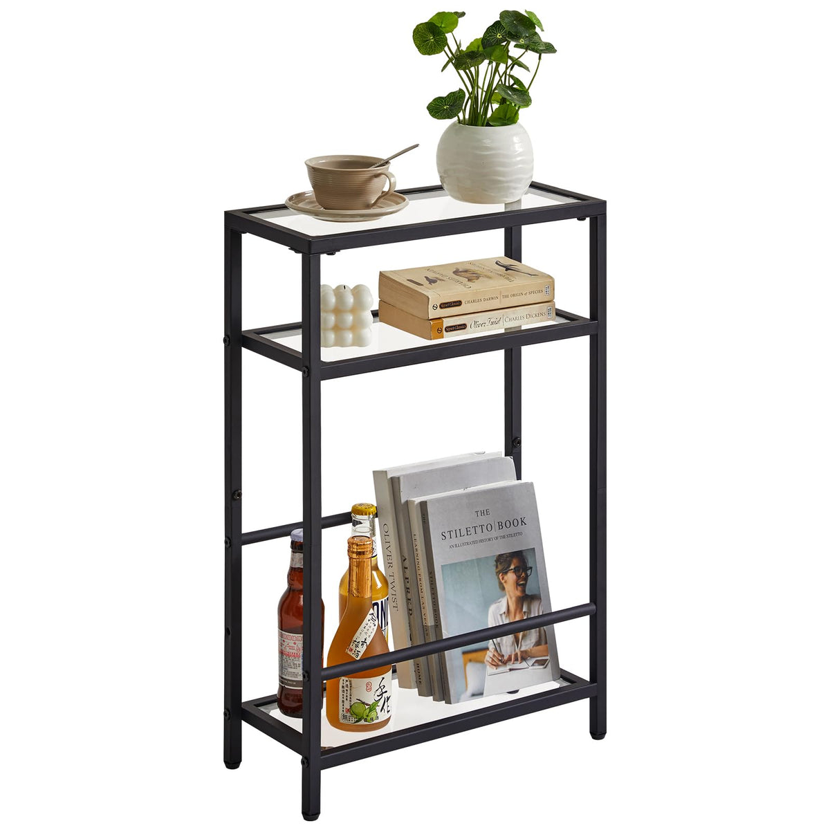 IBUYKE Narrow Side Table with Storage Shelf, 3 Tier Slim End Table,Modern Sofa Table, Small Nightstand, Telephone Table for Small Spaces,for Living Room, Bedroom, Black UTMZ002B