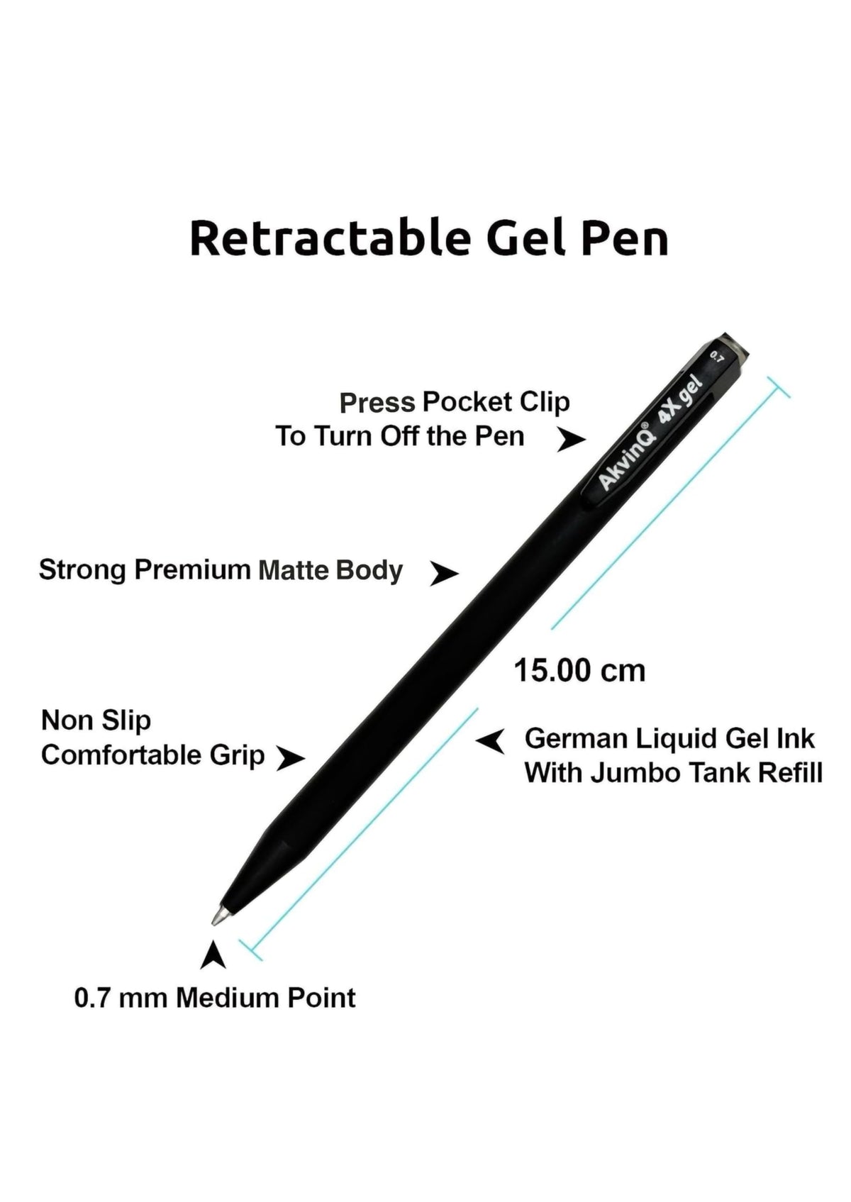 AKVINQ® 4X Gel Retractable Gel Pen | 0.7mm Medium Point | Black Gel Ink Pens | Pack of 36 Pens | Premium Matte Finish | Jumbo Refill | Bulk Pack for Journaling, Writing, Note-Taking, Office Supplies