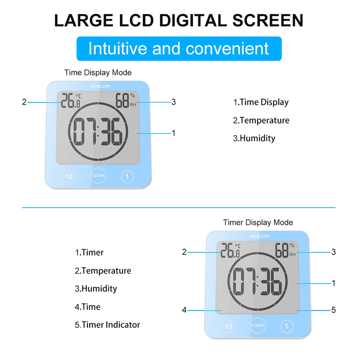 Digital Bathroom Shower Wall Clock Timer, LCD Digital Wall Clock with Suction Waterproof Temperature Humidity Gauge, Touch Screen Timer, Large Countdown Visual Timer Hanging Wall Clock