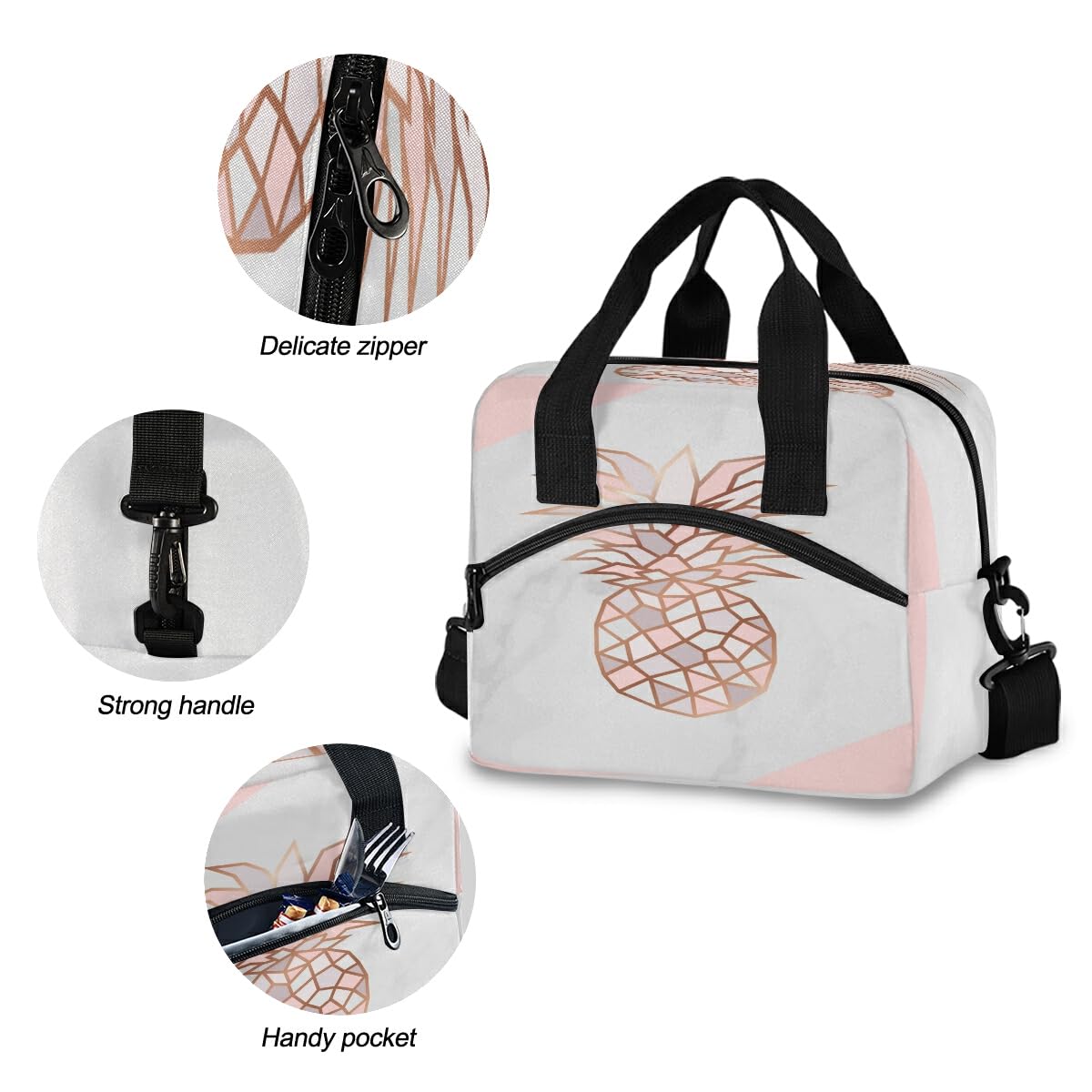 Rose Gold Pineapple Lunch Bag for Kids Pink And White Marble Insulated Cooler Lunch Box Large Capacity Lunch Organizer for Boys Girls