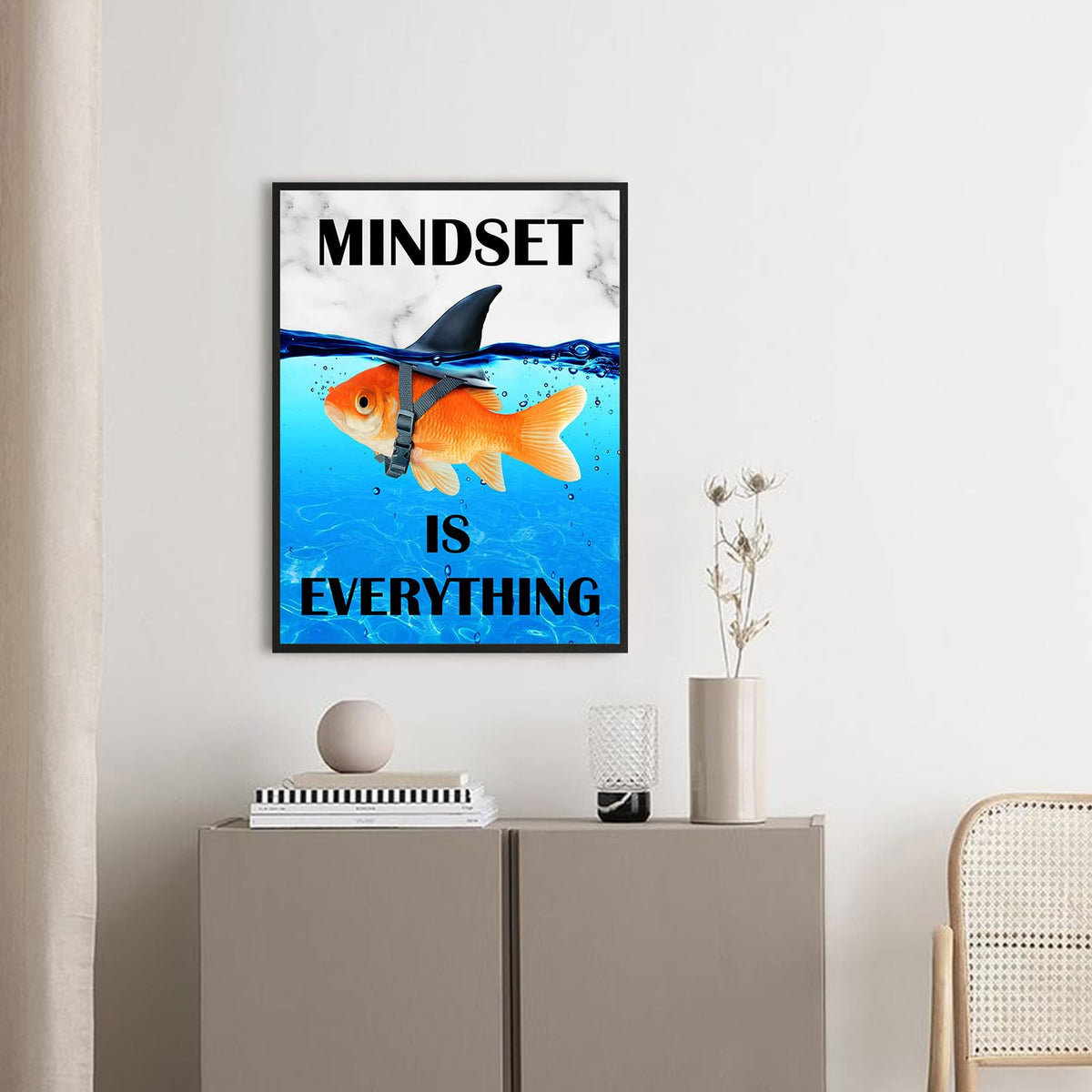 Mindset Is Everything Wall Art:Motivational Wall Decor for Office,Goldfish Prints Posters Inspirational Wall Art Framed,Uplifting Self Improvement Positive Quote Home Office Wall Art 12"x15"