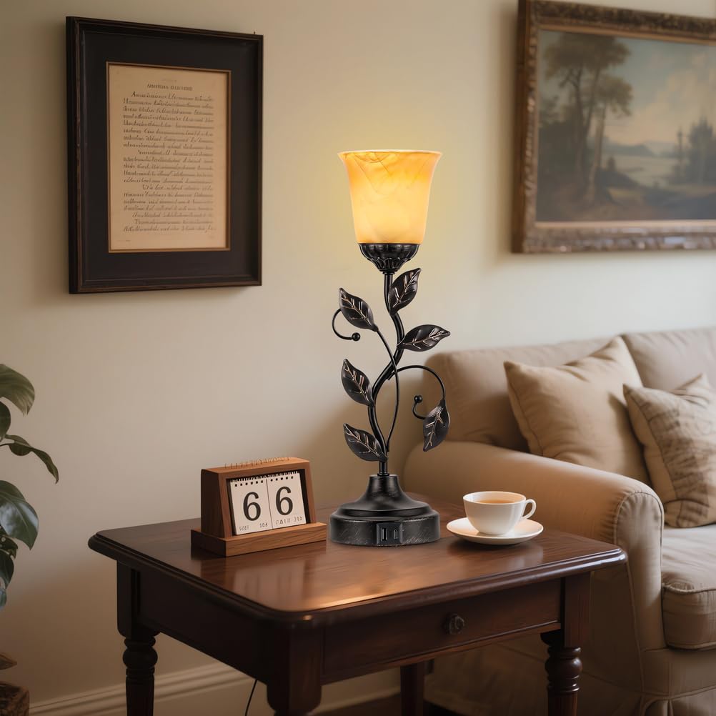 Modxian Vintage Bedside Touch Control Table Lamp 3 Way Dimmable, Amber Glass LED Reading Nightstand Light with 2 USB Charging Ports, Farmhouse Bronze Finish Leaf Desk Lamp for Living Room Bedroom