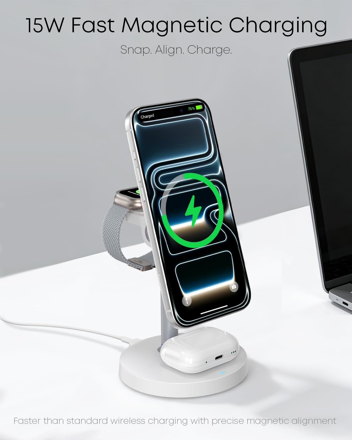 3 in 1 Magnetic Wireless Charging Station, 15W Fast Charger Stand for iPhone, Phone Charger Stand for Desk Nightstand, Compatible with iPhone 17/16/15/14, Apple Watch & AirPods, Adapter Not Included