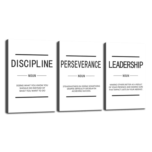 Inspirational 3 Pieces Discipline Noun Motivational Canvas Wall Art Inspirational Perseverance Leadership Noun Painting Poster Print Artwork Office Wall Decor Gym Living Room Frame[48''Wx 24''H]