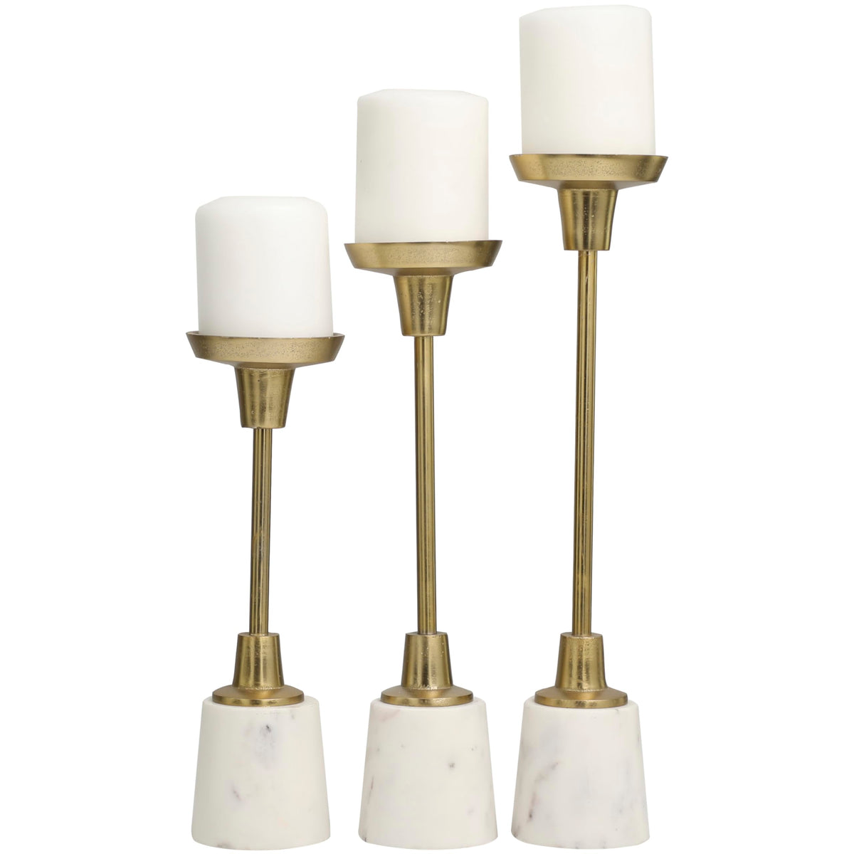 Deco 79 Aluminum Slim Candle Holder with White Marble Base, Set of 3 15, 13, 11" H, Gold