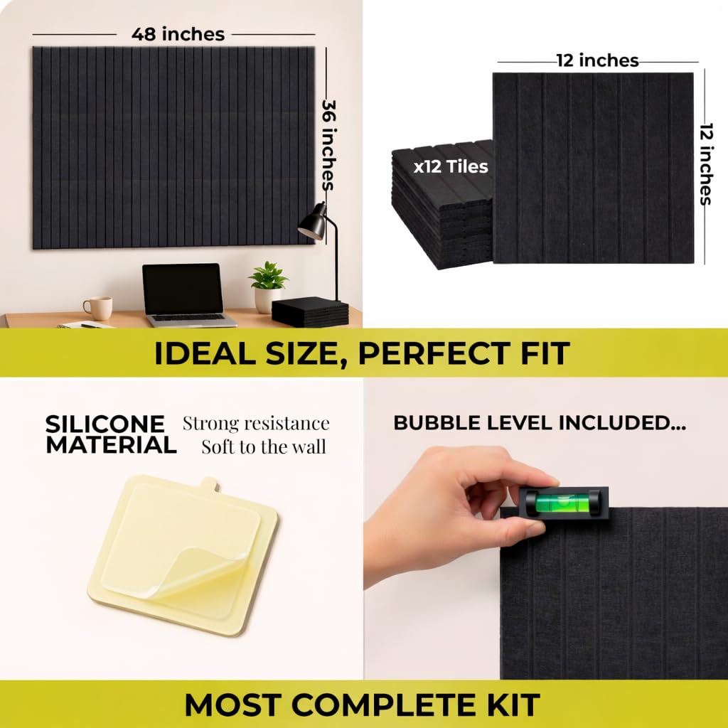 Feltiva Felt Bulletin Board Tiles Large 48”x36” Cork Board Alternative, Thick Felt Wall Panels, Push Pin Board Wall Organizer, 12 Pack with 50 Removable Adhesive Tabs, for Home & Office
