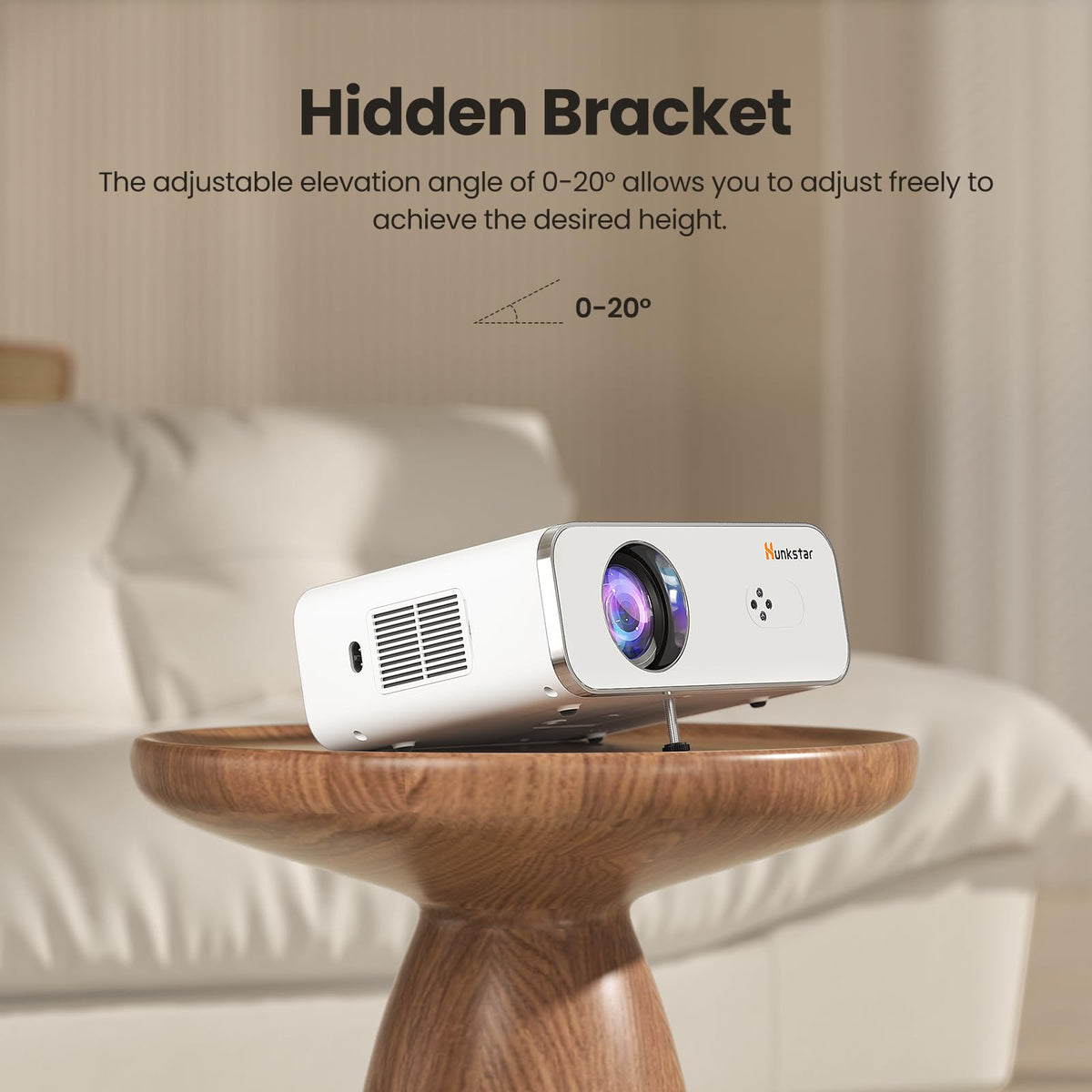 HUNKSTAR Mini Projector, 4K Support Projector with Wifi 6 and Bluetooth 5.2, 1000 ANIS Portable HD1080P Home Video Projector with Auto Focus, Suitable for Family Gatherings, Various Festivals (White)